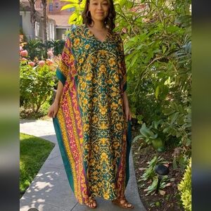 Winlar Batik Print Satin Kaftan Nightgown Maxi Dress MuuMuu